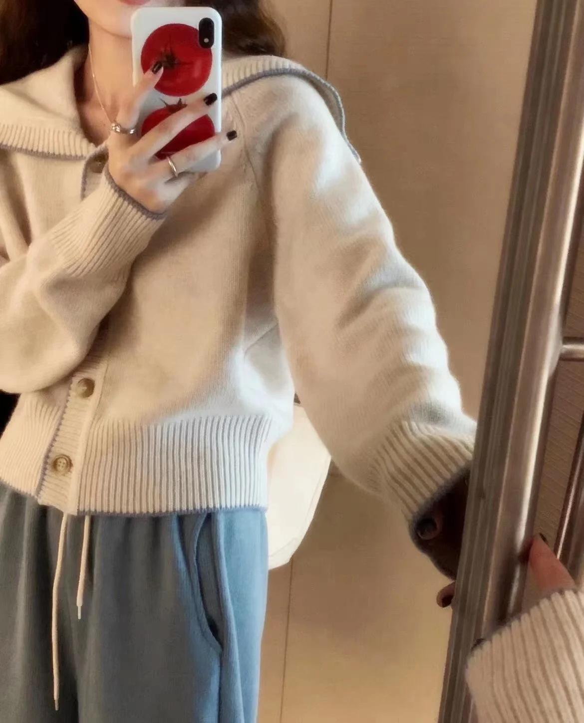Navy collar cashmere knit cardigan women's new autumn and winter matching color loose sweater to show lean wool coat