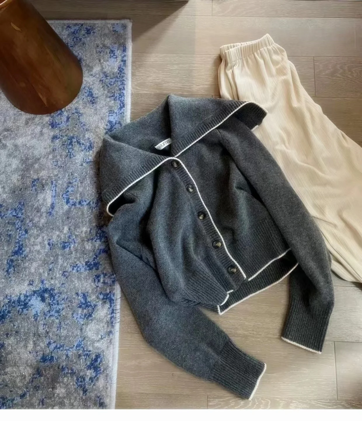 Navy collar cashmere knit cardigan women's new autumn and winter matching color loose sweater to show lean wool coat