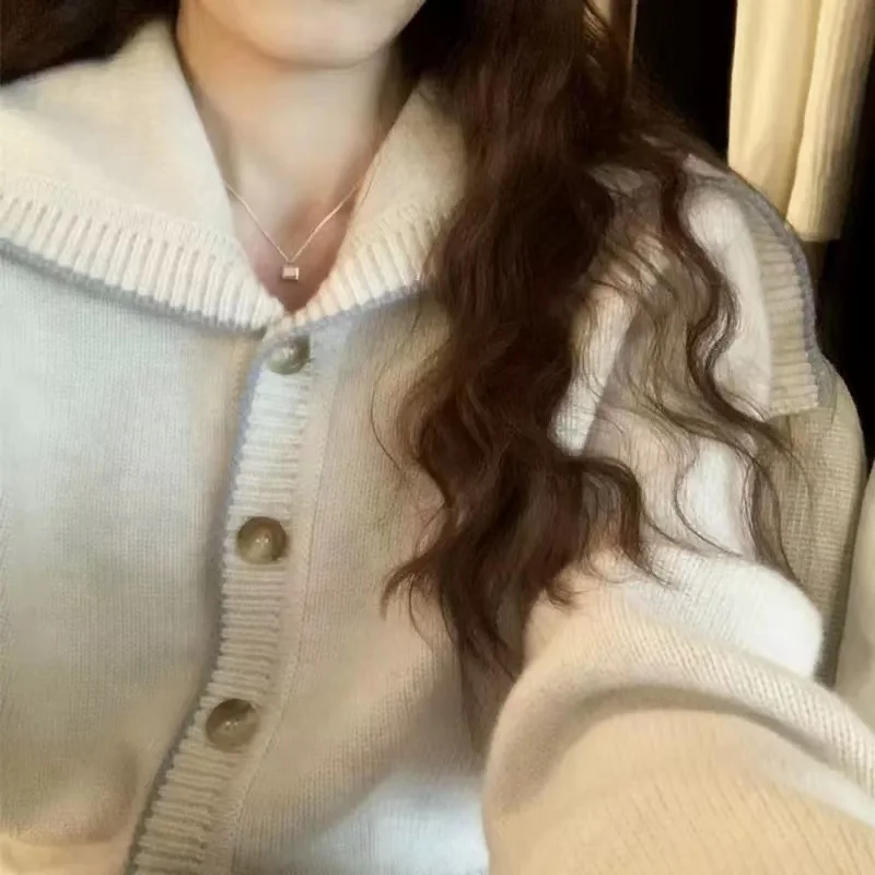 Navy collar cashmere knit cardigan women's new autumn and winter matching color loose sweater to show lean wool coat
