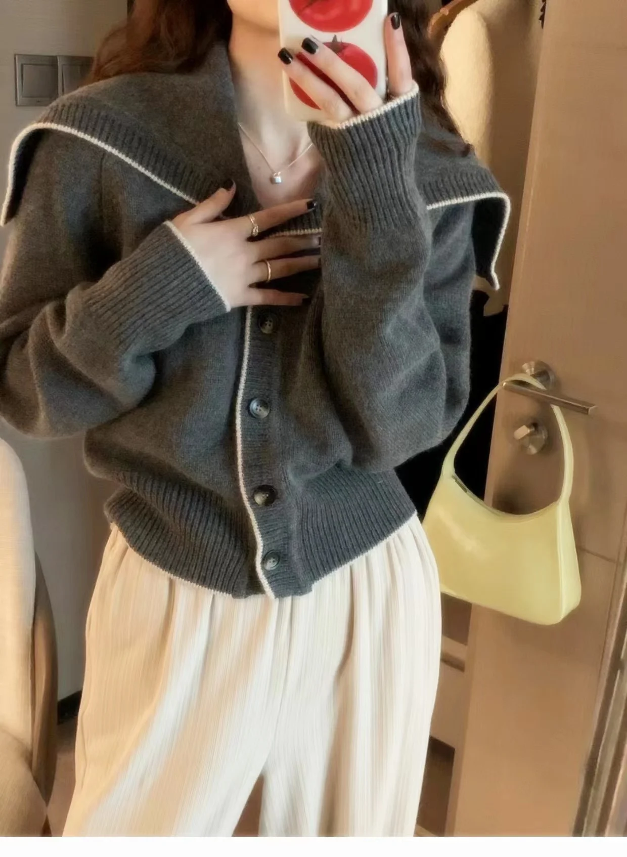 Navy collar cashmere knit cardigan women's new autumn and winter matching color loose sweater to show lean wool coat
