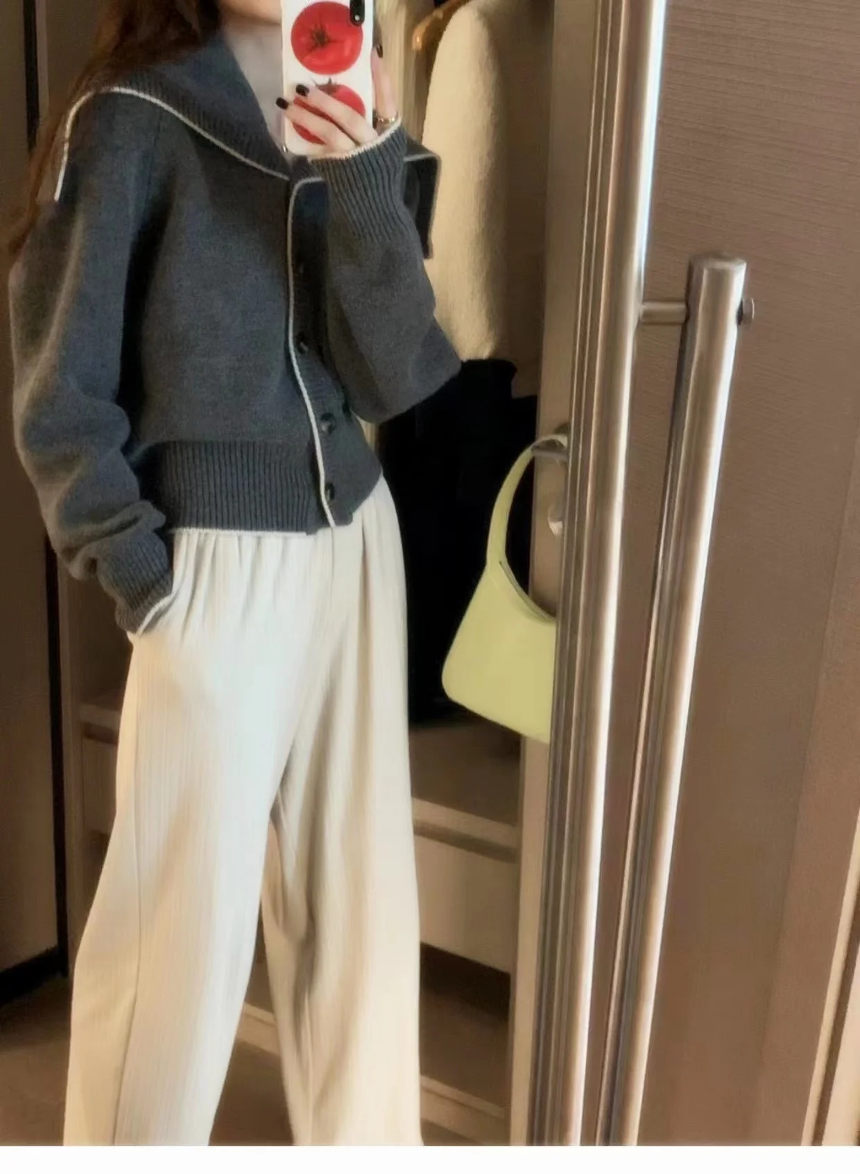 Navy collar cashmere knit cardigan women's new autumn and winter matching color loose sweater to show lean wool coat