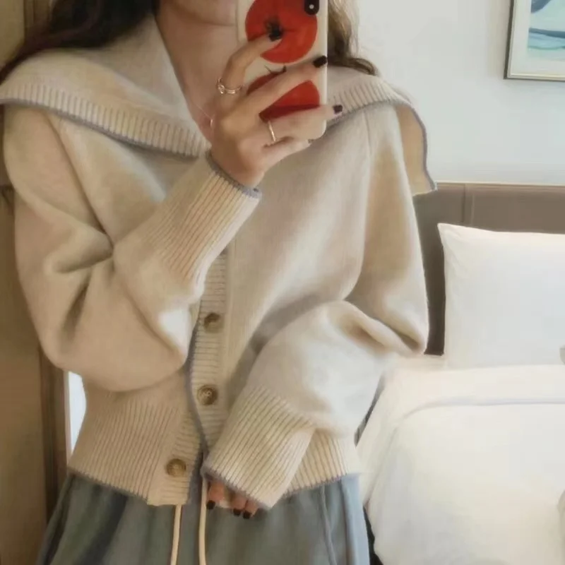 Navy collar cashmere knit cardigan women's new autumn and winter matching color loose sweater to show lean wool coat