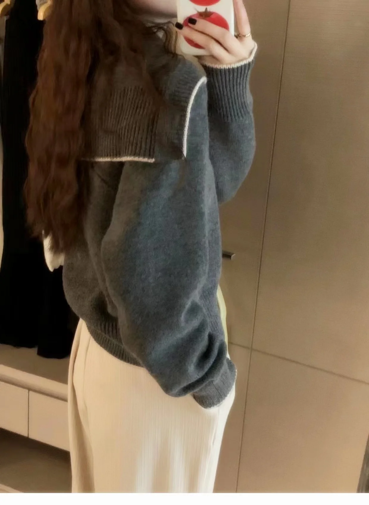 Navy collar cashmere knit cardigan women's new autumn and winter matching color loose sweater to show lean wool coat