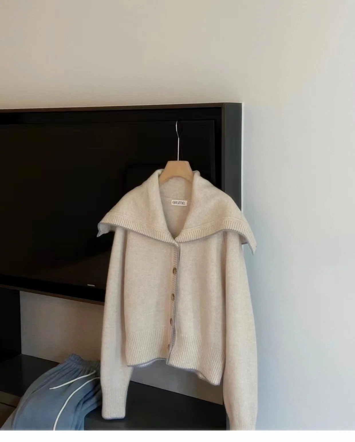 Navy collar cashmere knit cardigan women's new autumn and winter matching color loose sweater to show lean wool coat