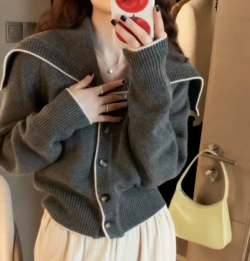 Navy collar cashmere knit cardigan women's new autumn and winter matching color loose sweater to show lean wool coat