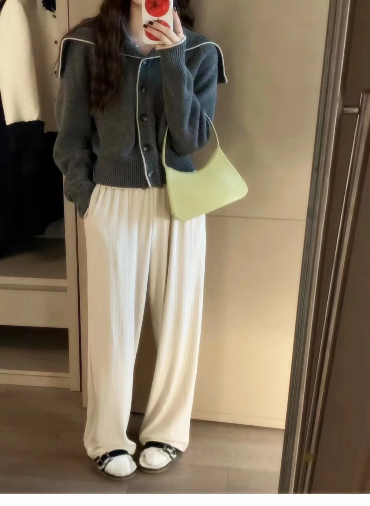 Navy collar cashmere knit cardigan women's new autumn and winter matching color loose sweater to show lean wool coat