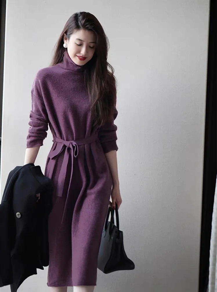 Purple Turtleneck Knit Bottoming Dress Women's Spring And Autumn Coat New Temperament Knee-Length Sweater Long Skirt
