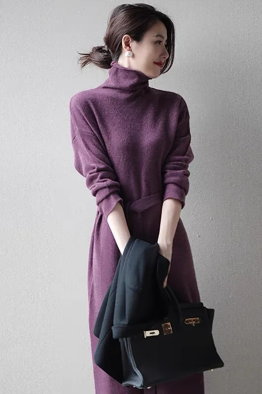 Purple Turtleneck Knit Bottoming Dress Women's Spring And Autumn Coat New Temperament Knee-Length Sweater Long Skirt