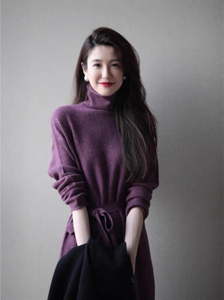 Purple Turtleneck Knit Bottoming Dress Women's Spring And Autumn Coat New Temperament Knee-Length Sweater Long Skirt