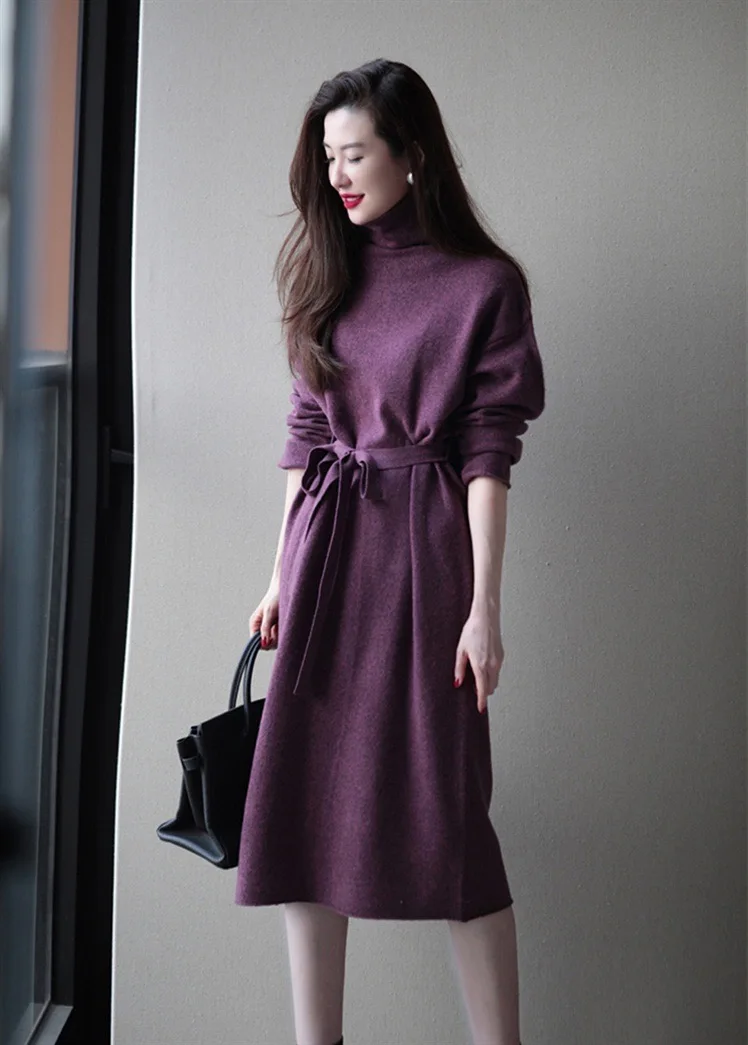 Purple Turtleneck Knit Bottoming Dress Women's Spring And Autumn Coat New Temperament Knee-Length Sweater Long Skirt