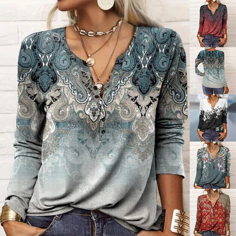 2023 New Autumn Winter Women Blouse Vintage Ethnic Style Floral Print Shirts Long Sleeve V-Neck Button Loose Casual Boho Tops