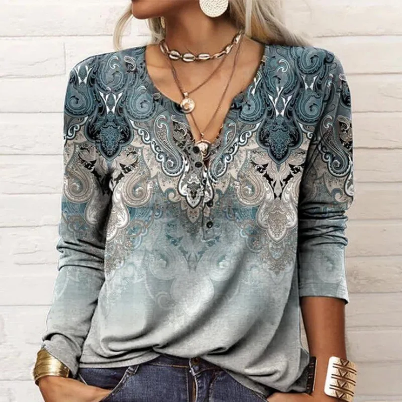 2023 New Autumn Winter Women Blouse Vintage Ethnic Style Floral Print Shirts Long Sleeve V-Neck Button Loose Casual Boho Tops