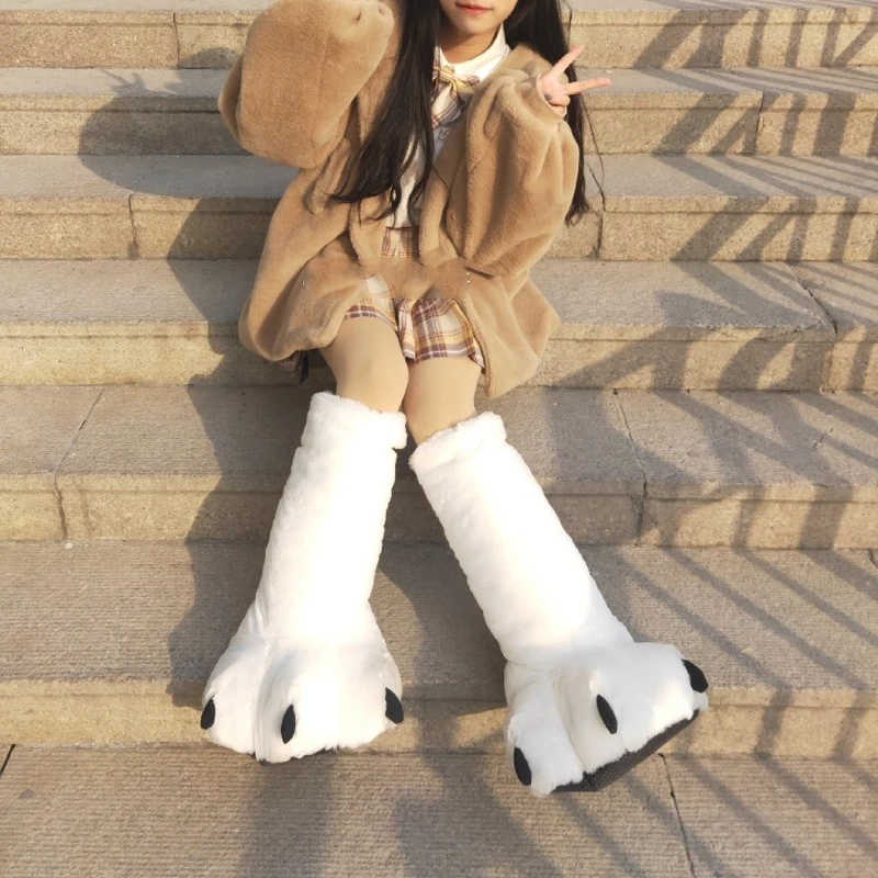 Fashion snow white platform slippers winter warm fur shoes designer bear paw home gift slippers for wife and husband