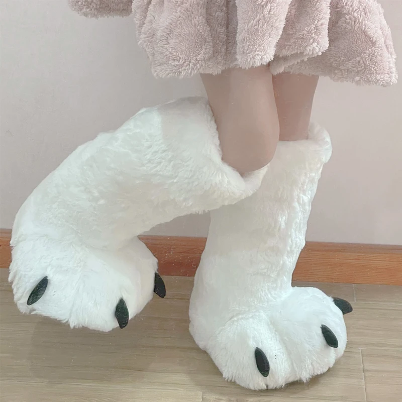 Fashion snow white platform slippers winter warm fur shoes designer bear paw home gift slippers for wife and husband