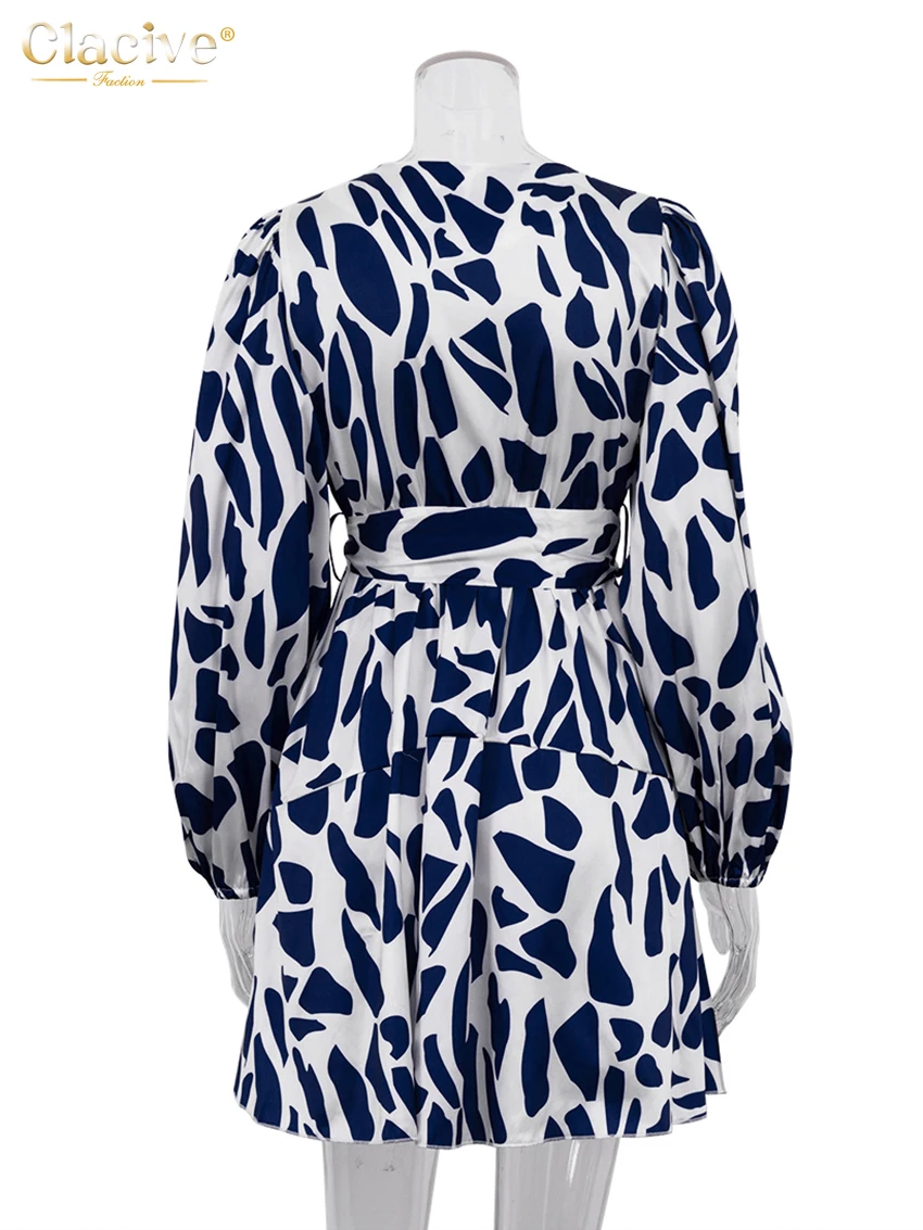 Clacive Fashion Loose Print Mini Dress Ladies Elegant Classic V-Neck Puff Sleeve Lace-Up Office Dresses For Women 2023 New In