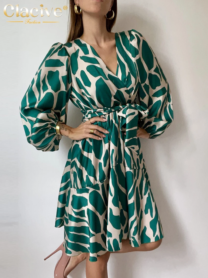 Clacive Fashion Loose Print Mini Dress Ladies Elegant Classic V-Neck Puff Sleeve Lace-Up Office Dresses For Women 2023 New In
