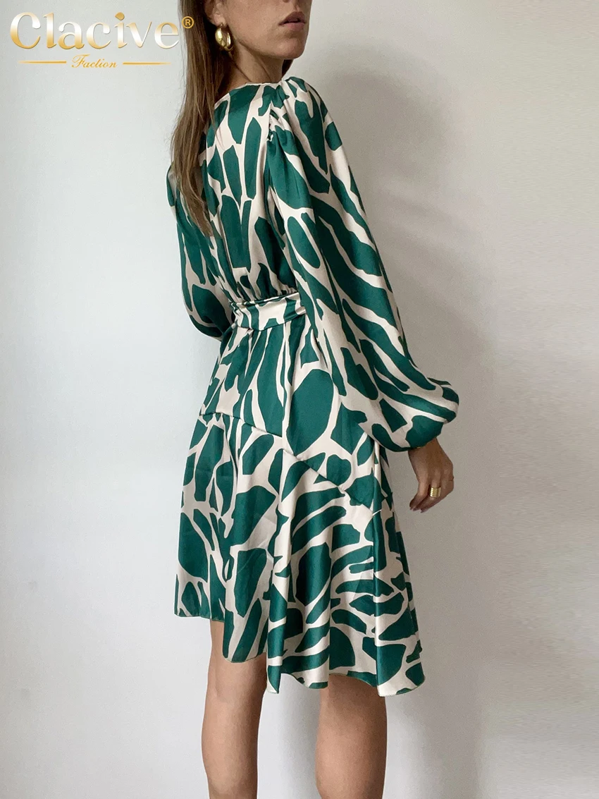 Clacive Fashion Loose Print Mini Dress Ladies Elegant Classic V-Neck Puff Sleeve Lace-Up Office Dresses For Women 2023 New In