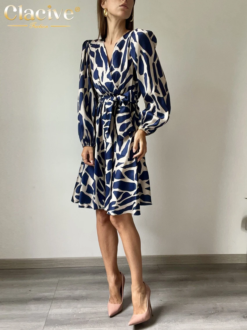 Clacive Fashion Loose Print Mini Dress Ladies Elegant Classic V-Neck Puff Sleeve Lace-Up Office Dresses For Women 2023 New In