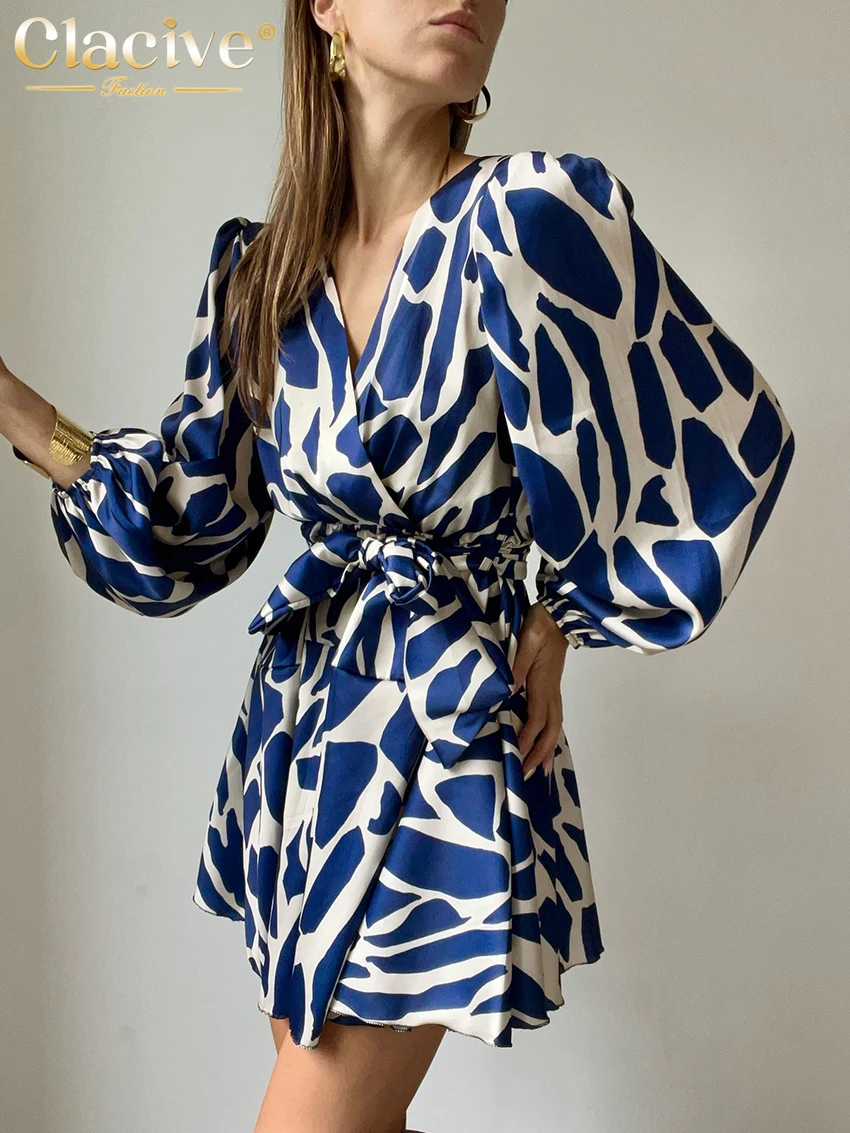 Clacive Fashion Loose Print Mini Dress Ladies Elegant Classic V-Neck Puff Sleeve Lace-Up Office Dresses For Women 2023 New In