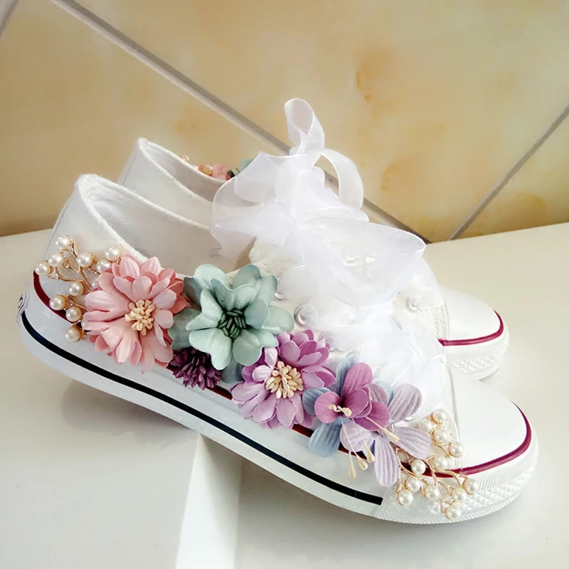 New Korean Fantasy 7 Color DIY Flowers Vulcanized Shoes Pearl Hand-Made Designer Women's Rhinestone Platform Canvas Shoes