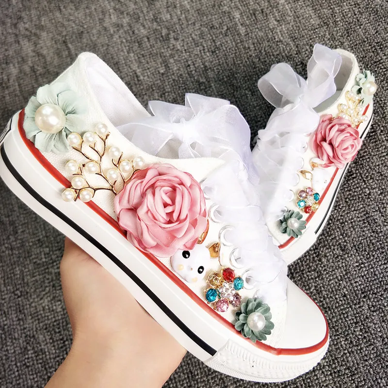 New Korean Fantasy 7 Color DIY Flowers Vulcanized Shoes Pearl Hand-Made Designer Women's Rhinestone Platform Canvas Shoes