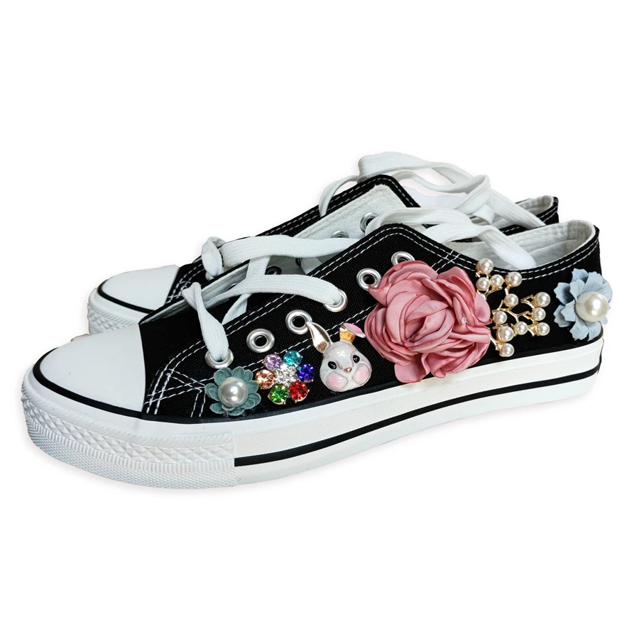 New Korean Fantasy 7 Color DIY Flowers Vulcanized Shoes Pearl Hand-Made Designer Women's Rhinestone Platform Canvas Shoes
