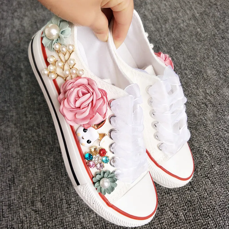 New Korean Fantasy 7 Color DIY Flowers Vulcanized Shoes Pearl Hand-Made Designer Women's Rhinestone Platform Canvas Shoes