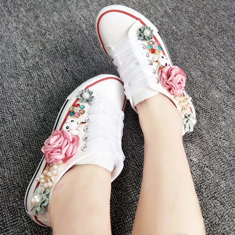 New Korean Fantasy 7 Color DIY Flowers Vulcanized Shoes Pearl Hand-Made Designer Women's Rhinestone Platform Canvas Shoes