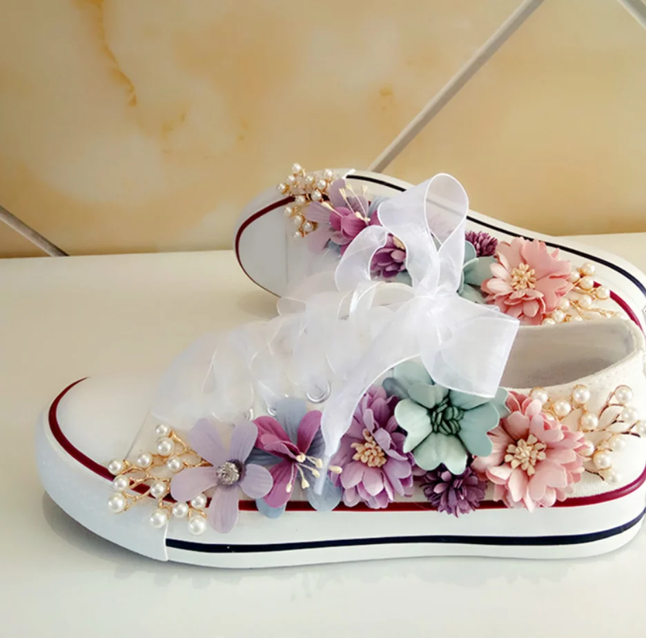 New Korean Fantasy 7 Color DIY Flowers Vulcanized Shoes Pearl Hand-Made Designer Women's Rhinestone Platform Canvas Shoes