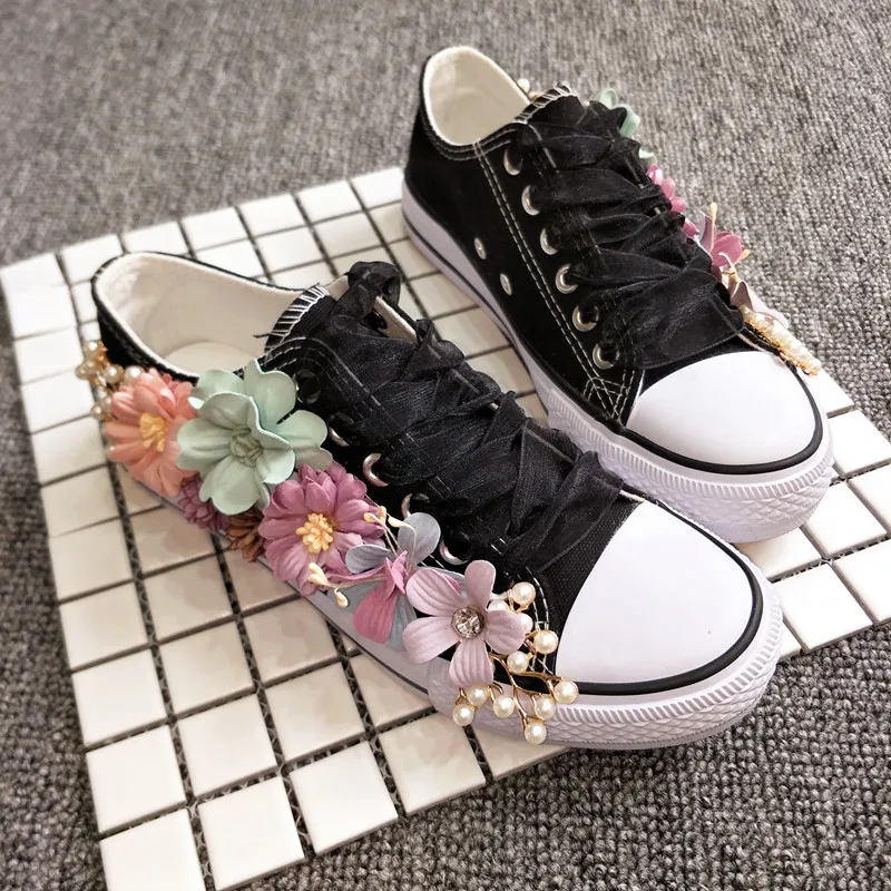New Korean Fantasy 7 Color DIY Flowers Vulcanized Shoes Pearl Hand-Made Designer Women's Rhinestone Platform Canvas Shoes