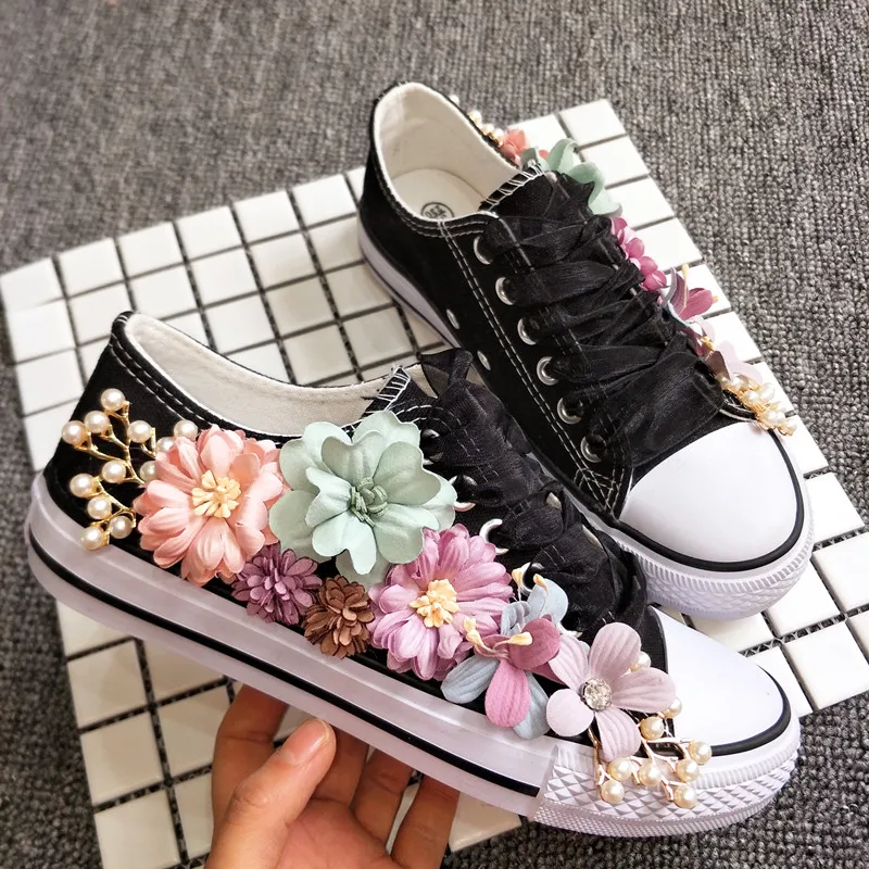 New Korean Fantasy 7 Color DIY Flowers Vulcanized Shoes Pearl Hand-Made Designer Women's Rhinestone Platform Canvas Shoes