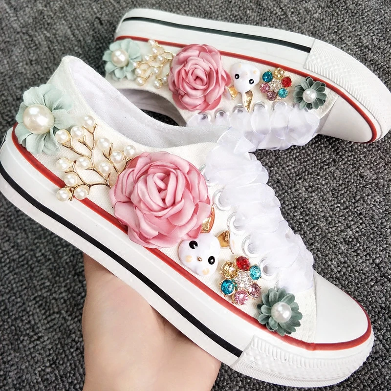 New Korean Fantasy 7 Color DIY Flowers Vulcanized Shoes Pearl Hand-Made Designer Women's Rhinestone Platform Canvas Shoes