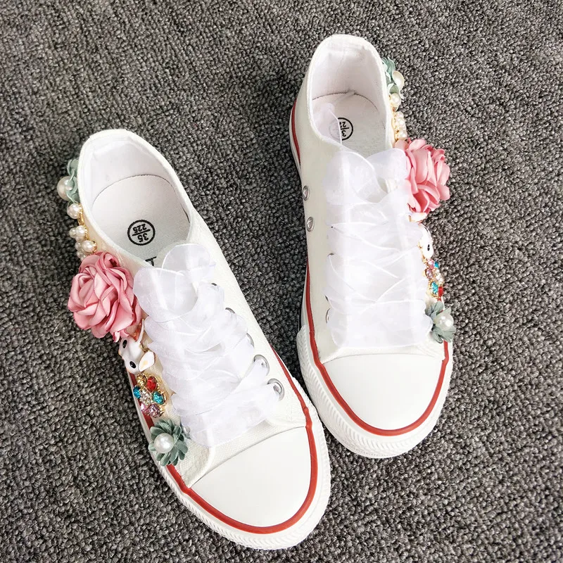 New Korean Fantasy 7 Color DIY Flowers Vulcanized Shoes Pearl Hand-Made Designer Women's Rhinestone Platform Canvas Shoes