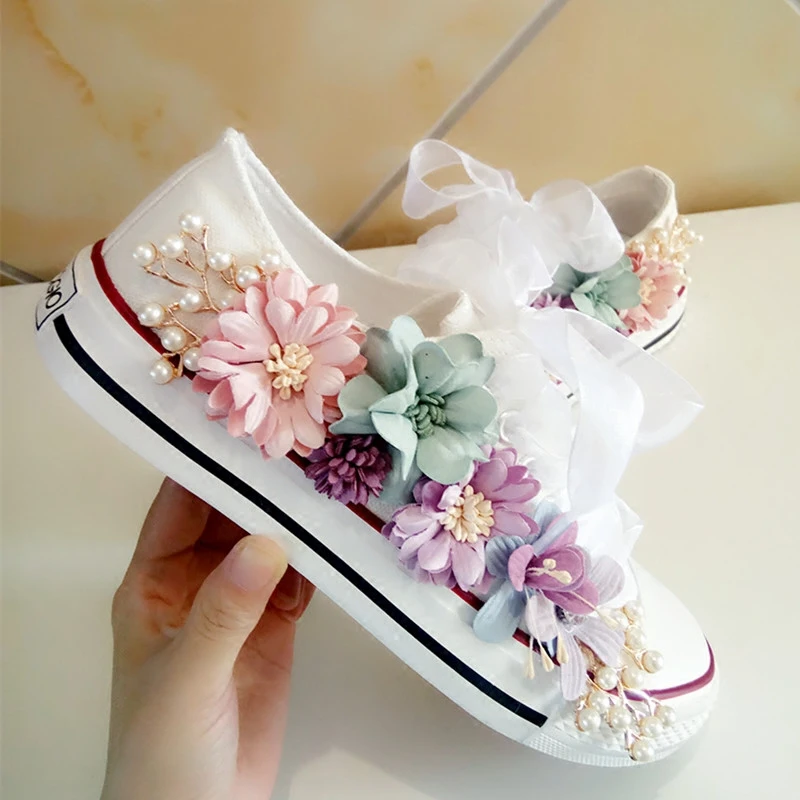 New Korean Fantasy 7 Color DIY Flowers Vulcanized Shoes Pearl Hand-Made Designer Women's Rhinestone Platform Canvas Shoes