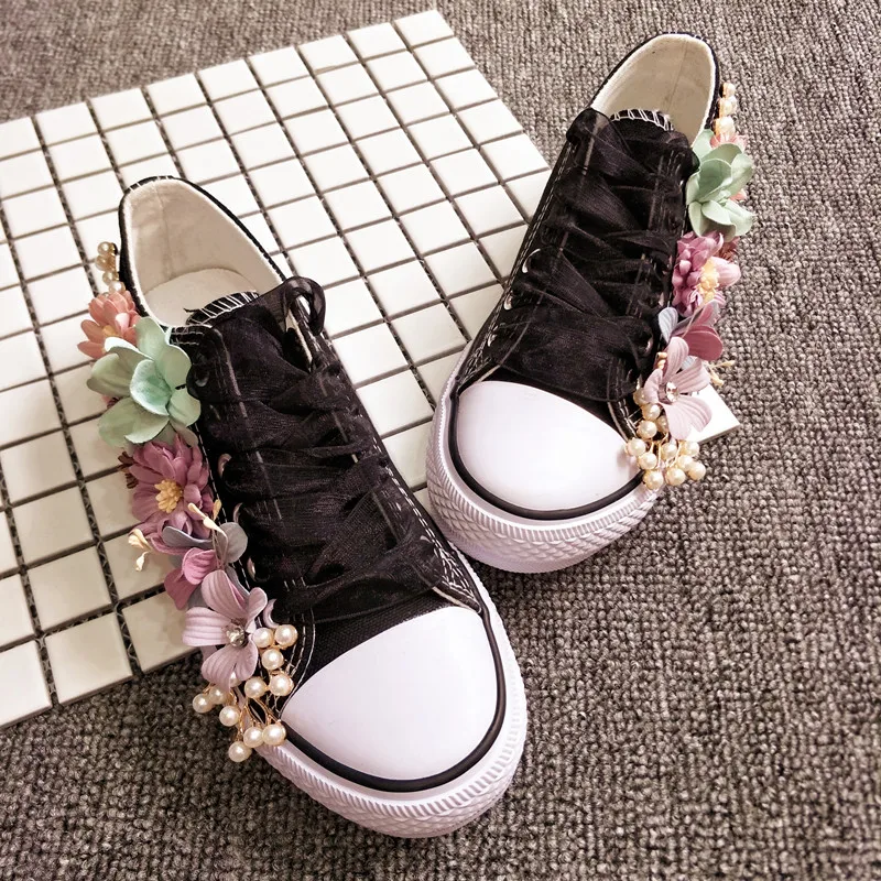 New Korean Fantasy 7 Color DIY Flowers Vulcanized Shoes Pearl Hand-Made Designer Women's Rhinestone Platform Canvas Shoes