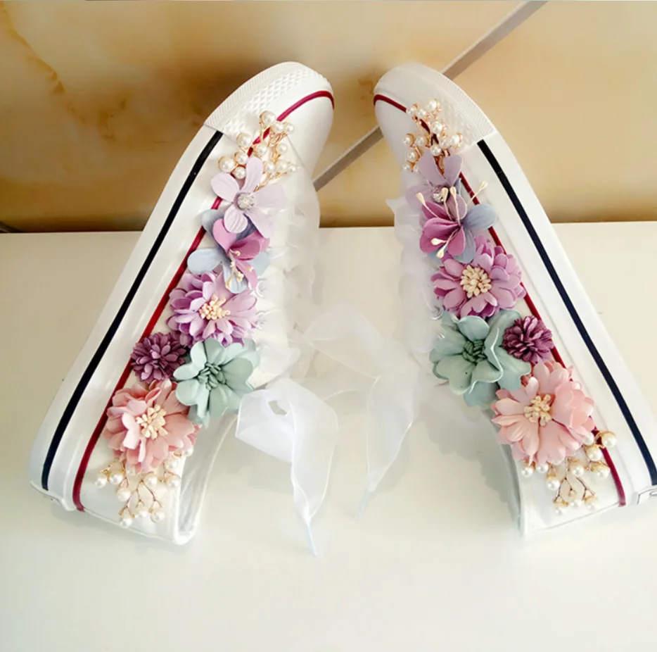 New Korean Fantasy 7 Color DIY Flowers Vulcanized Shoes Pearl Hand-Made Designer Women's Rhinestone Platform Canvas Shoes
