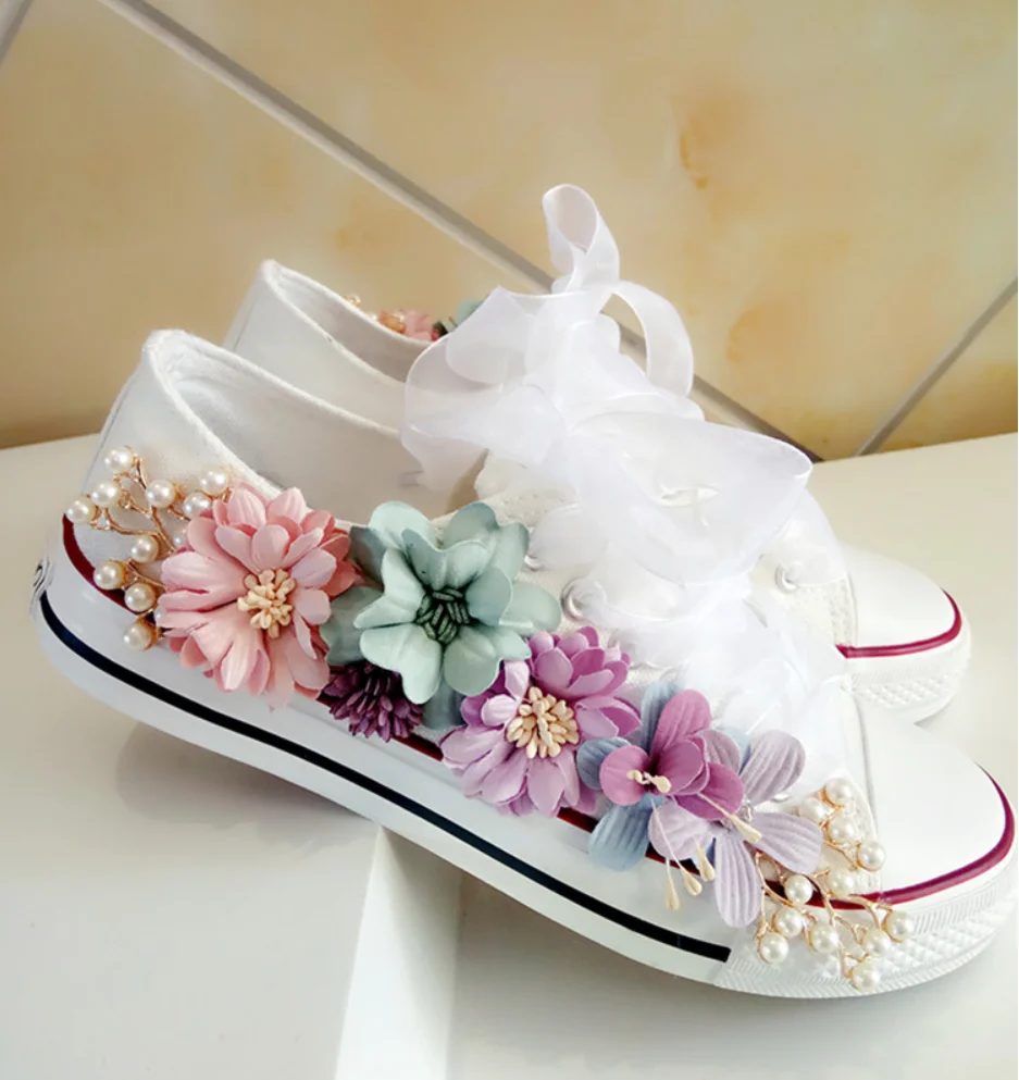 New Korean Fantasy 7 Color DIY Flowers Vulcanized Shoes Pearl Hand-Made Designer Women's Rhinestone Platform Canvas Shoes