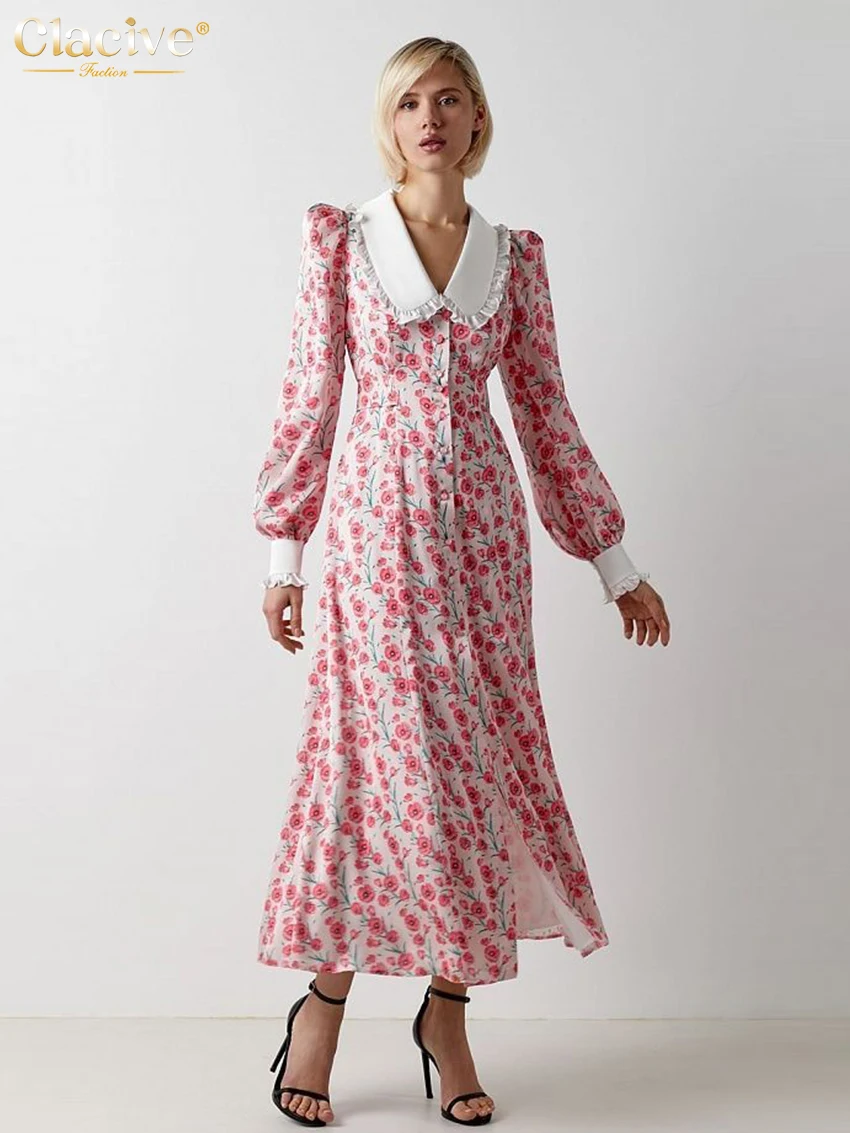 Clacive Fashion Print Office Women Dresses 2023 Elegant Doll Collar Long Sleeve Midi Dress Casual Single Breasting Female Dress