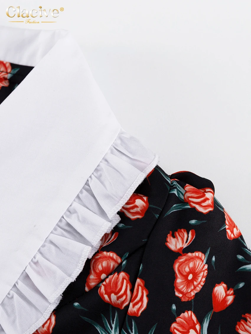 Clacive Fashion Print Office Women Dresses 2023 Elegant Doll Collar Long Sleeve Midi Dress Casual Single Breasting Female Dress