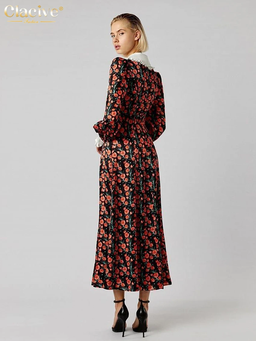 Clacive Fashion Print Office Women Dresses 2023 Elegant Doll Collar Long Sleeve Midi Dress Casual Single Breasting Female Dress