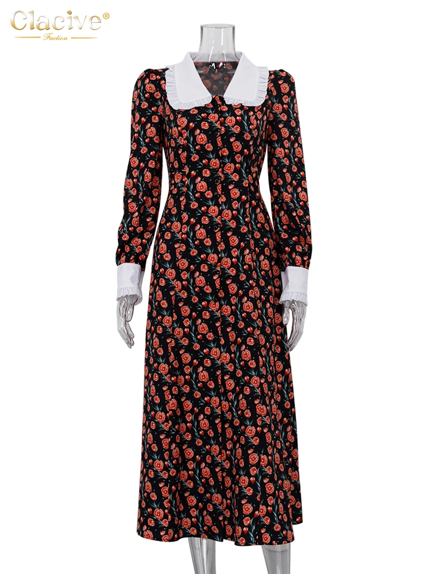 Clacive Fashion Print Office Women Dresses 2023 Elegant Doll Collar Long Sleeve Midi Dress Casual Single Breasting Female Dress