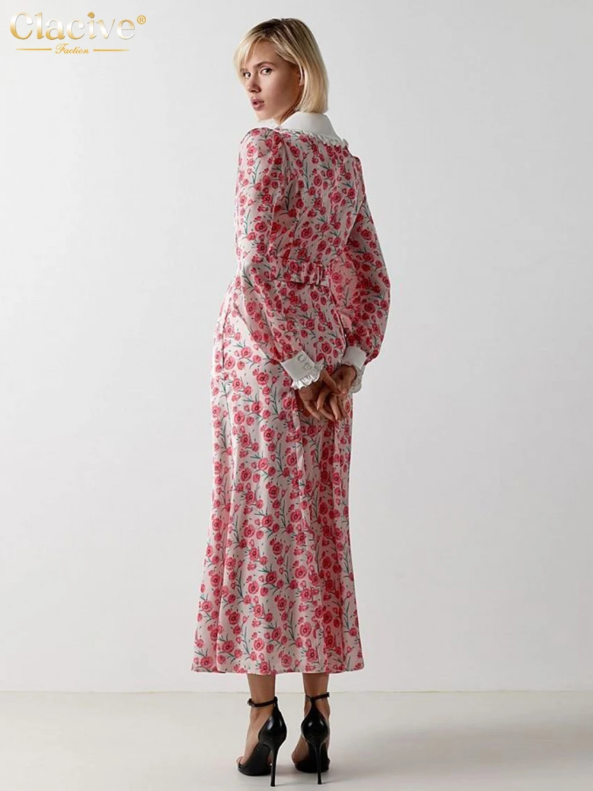 Clacive Fashion Print Office Women Dresses 2023 Elegant Doll Collar Long Sleeve Midi Dress Casual Single Breasting Female Dress