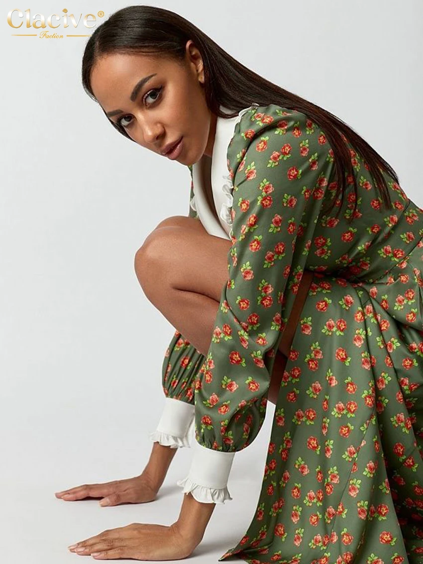 Clacive Fashion Print Office Women Dresses 2023 Elegant Doll Collar Long Sleeve Midi Dress Casual Single Breasting Female Dress