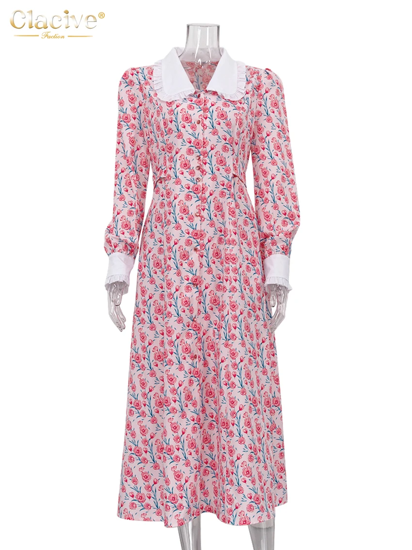 Clacive Fashion Print Office Women Dresses 2023 Elegant Doll Collar Long Sleeve Midi Dress Casual Single Breasting Female Dress