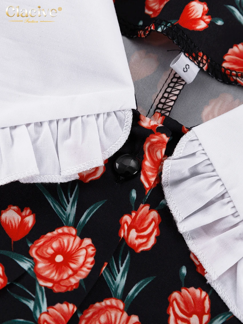 Clacive Fashion Print Office Women Dresses 2023 Elegant Doll Collar Long Sleeve Midi Dress Casual Single Breasting Female Dress
