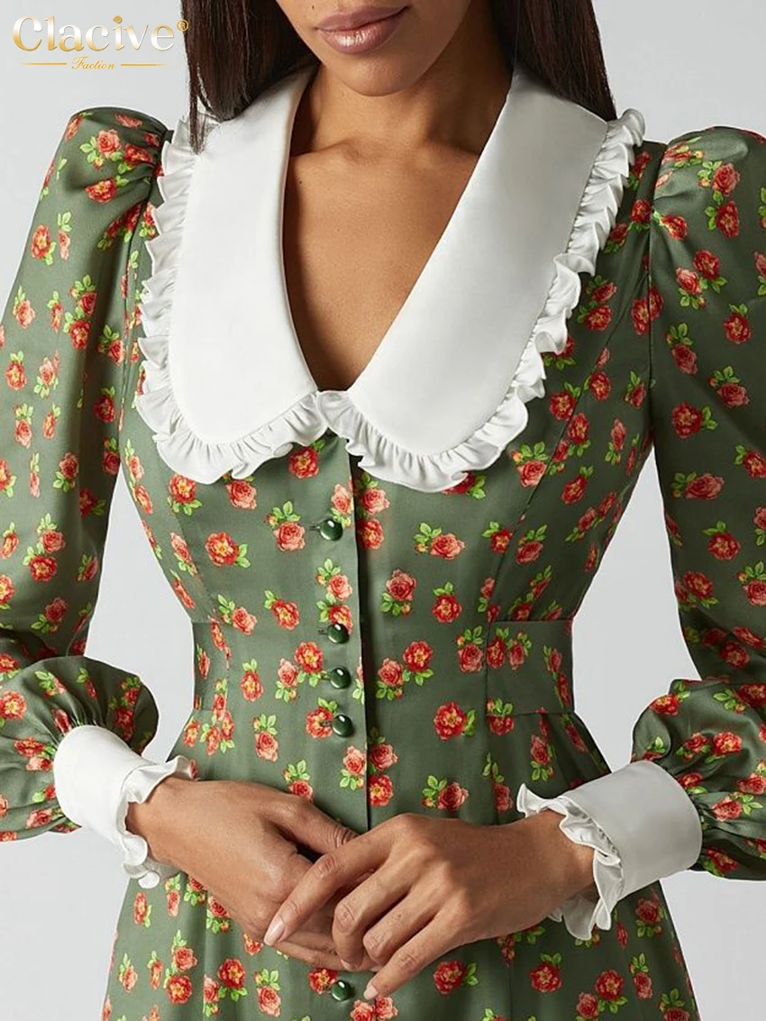 Clacive Fashion Print Office Women Dresses 2023 Elegant Doll Collar Long Sleeve Midi Dress Casual Single Breasting Female Dress