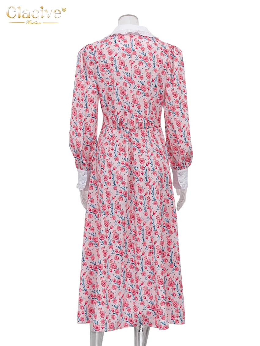 Clacive Fashion Print Office Women Dresses 2023 Elegant Doll Collar Long Sleeve Midi Dress Casual Single Breasting Female Dress