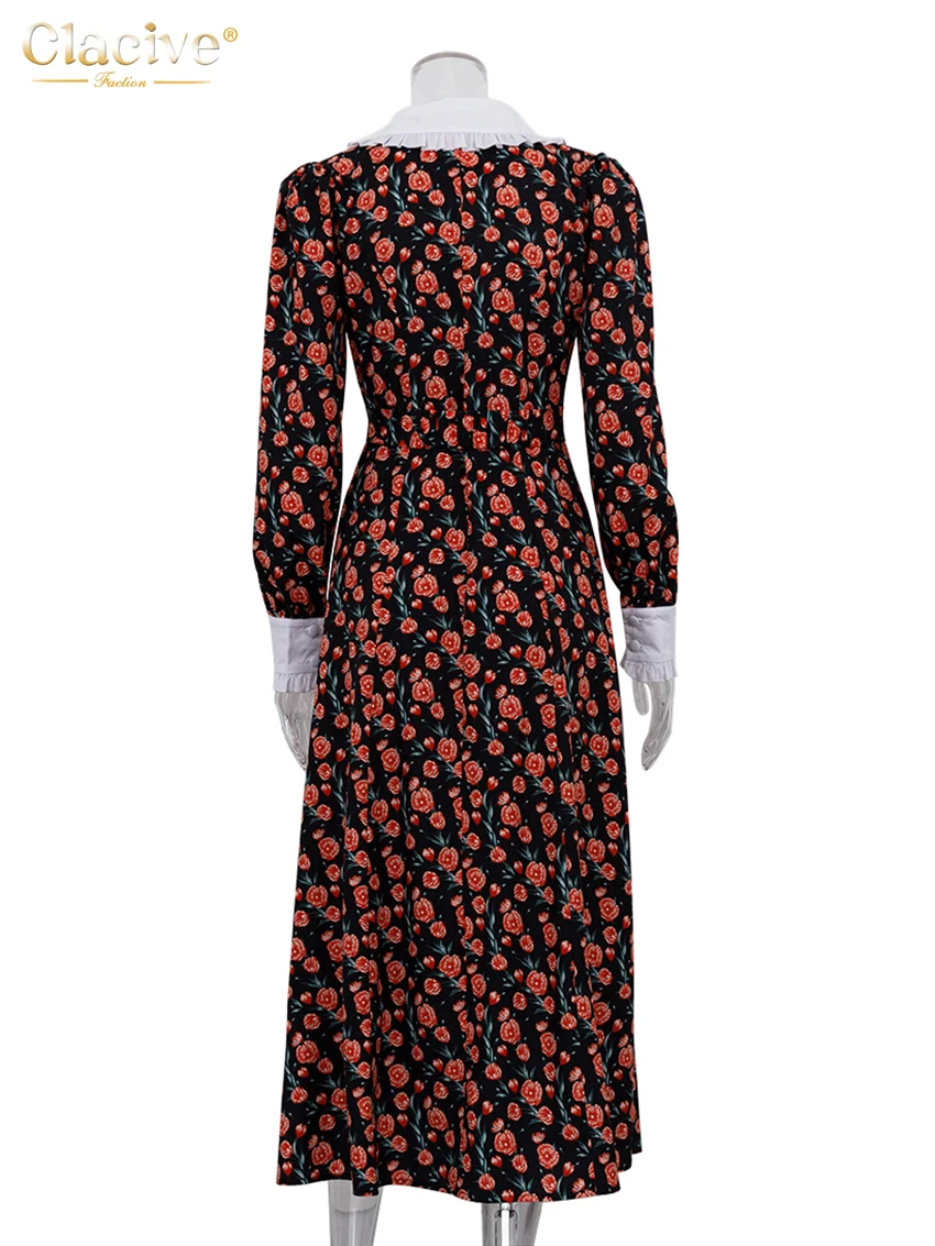 Clacive Fashion Print Office Women Dresses 2023 Elegant Doll Collar Long Sleeve Midi Dress Casual Single Breasting Female Dress