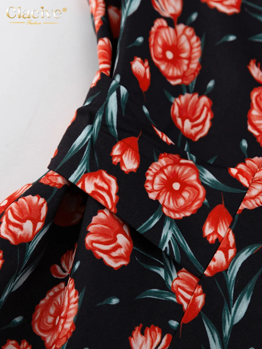 Clacive Fashion Print Office Women Dresses 2023 Elegant Doll Collar Long Sleeve Midi Dress Casual Single Breasting Female Dress