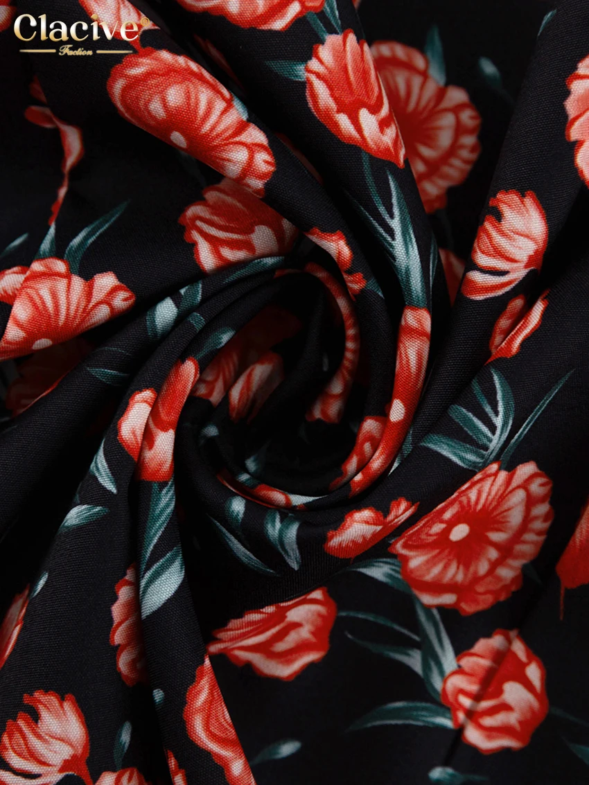 Clacive Fashion Print Office Women Dresses 2023 Elegant Doll Collar Long Sleeve Midi Dress Casual Single Breasting Female Dress